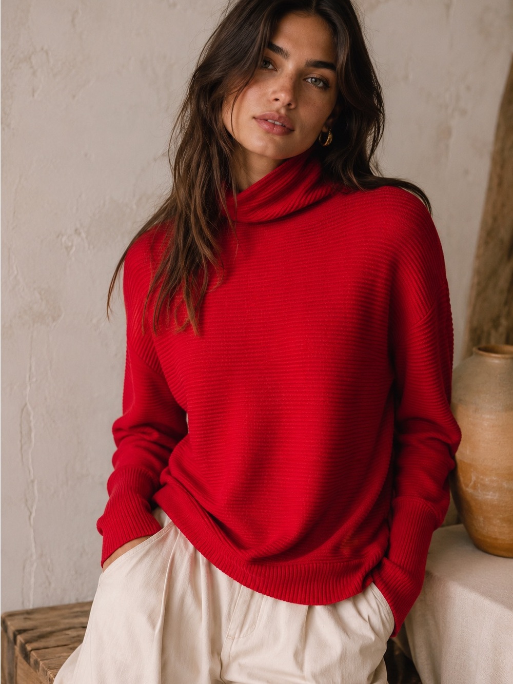 Chelsea & Theodore Ribbed Mock Neck Sweater Red XS Soft Stretch Knit